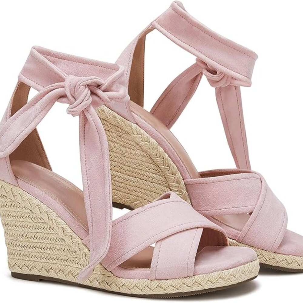 NEW LAICIGO Women's Lace Up Espadrille Wedge Sandals Light Pink 11